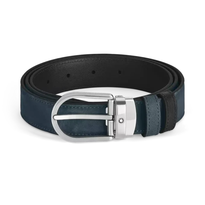 Hästsko-spänne i sammetblått/svart 30 mm vändbart läderbälte