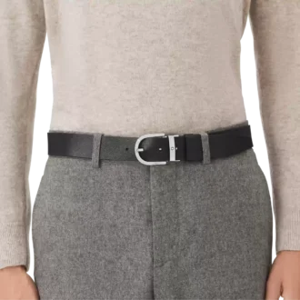 Hästsko-spänne med tryck, svart/mosto, 35 mm, vändbart läderbälte