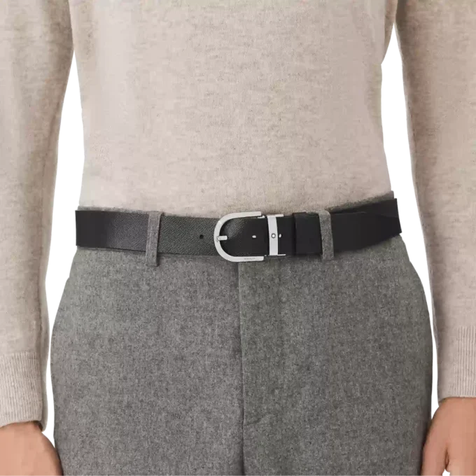 Hästsko-spänne med tryck, svart/mosto, 35 mm, vändbart läderbälte