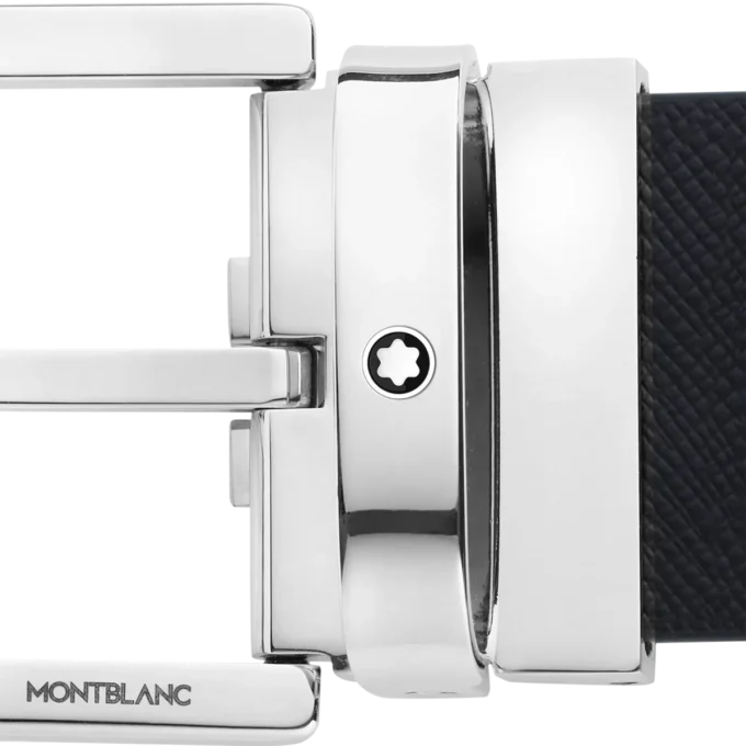 Hästsko-spänne med tryck, svart/mosto, 35 mm, vändbart läderbälte