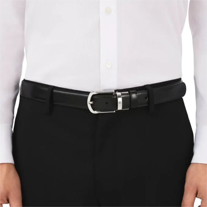 Hästsko-spänne svart/brunt 30 mm vändbart läderbälte