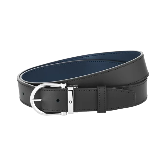 Hästskospänne svart/blå 35 mm vändbart läderbälte