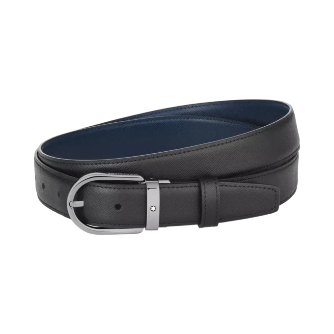 Hästskospänne svart/blått 30 mm vändbart läderbälte