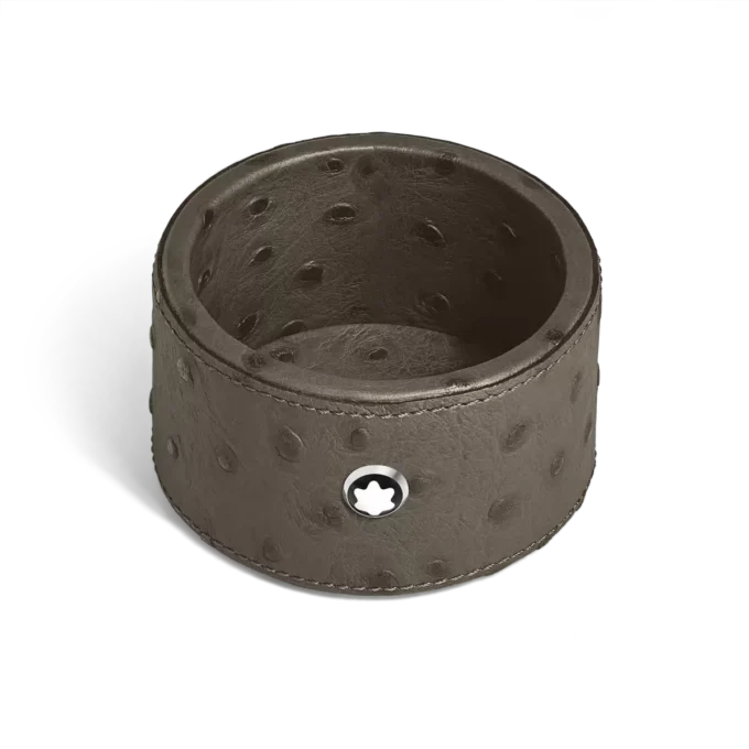 Liten rund skrivbordstråg i strutspräglat läder Liten rund skrivbordstråg i strutspräglat läder