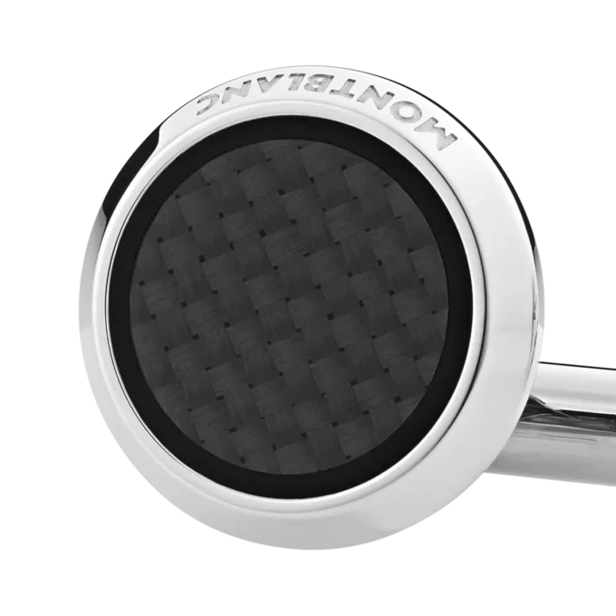 Manschettknappar, runda i rostfritt stål med inlägg i kolmönster