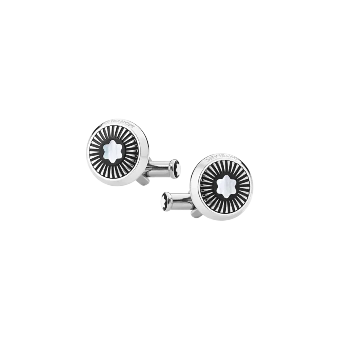 Manschettknappar, runda i rostfritt stål med strålmönster och emblem i pärlemor med snöklädda bergstoppar