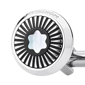 Manschettknappar, runda i rostfritt stål med strålmönster och emblem i pärlemor med snöklädda bergstoppar