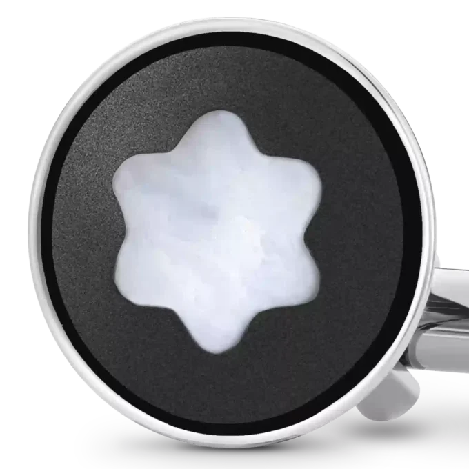 Manschettknappar, runda i rostfritt stål med svart PVD-inlägg och emblem i pärlemor med snövit topp