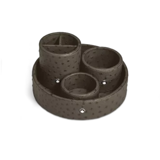 Stor rund skrivbordstråg i strutspräglat läder