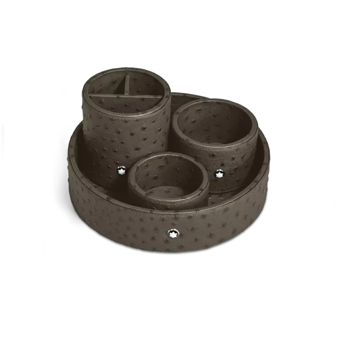 Stor rund skrivbordstråg i strutspräglat läder Stor rund skrivbordstråg i strutspräglat läder